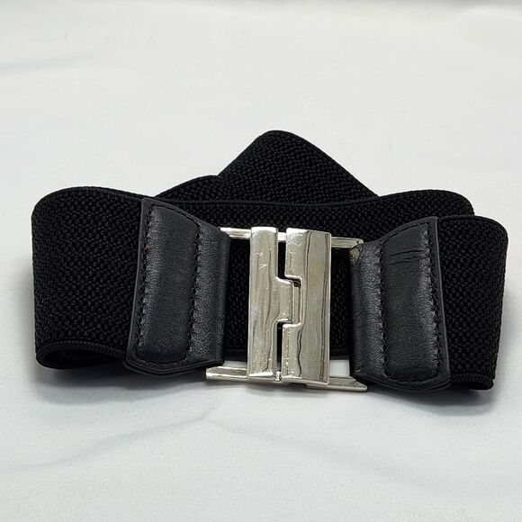 🔸️Black & Silver Wide Waist Elastic Belt Small - Picture 2 of 6